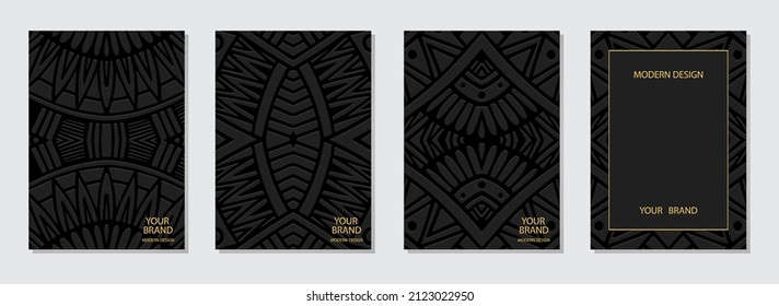 Cover design set, vertical templates. Embossed black backgrounds collection, art deco texture. Geometric ethnic 3d pattern. Unique handmade style of the peoples of the East, India, Mexico, Aztecs.