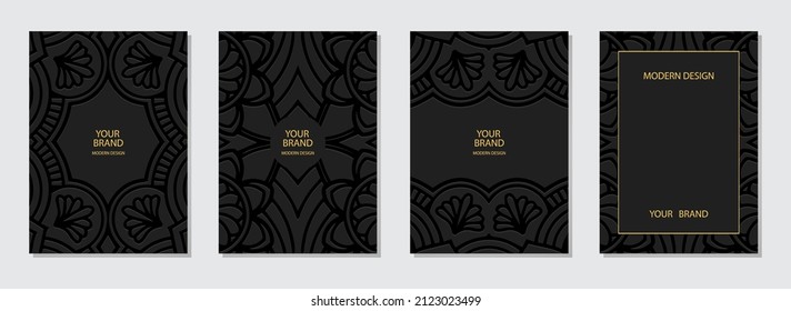 Conjunto de diseño de portada, plantillas verticales. Colección de fondo negro con relieve, espacio para texto y publicidad. Patrón 3d geométrico étnico. Creatividad manual de los pueblos de Oriente, India, México