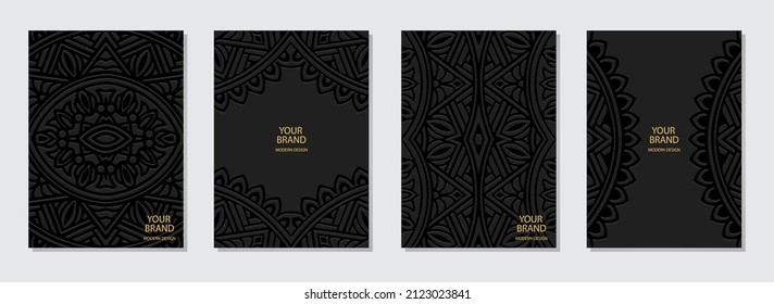 Conjunto de diseño de portada, plantillas verticales. Colección de fondo negro con relieve, lugar para texto. Patrón 3d geométrico étnico. Original arte hecho a mano de los pueblos del Este, India, México, Aztecas.