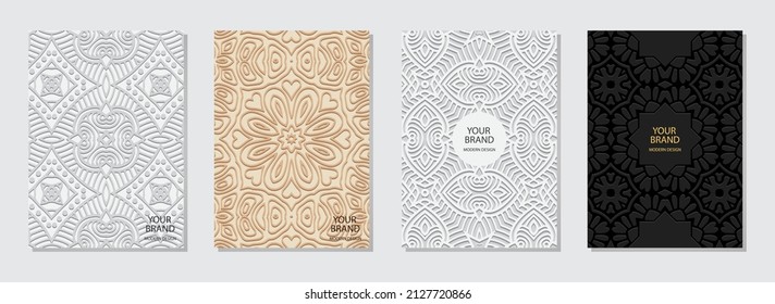 Conjunto de diseño de portada, plantillas verticales. Colección de fondos exóticos en relieve. Patrón 3d geométrico étnico. Creatividad de los pueblos de Oriente, India, México al estilo de las tradiciones populares.