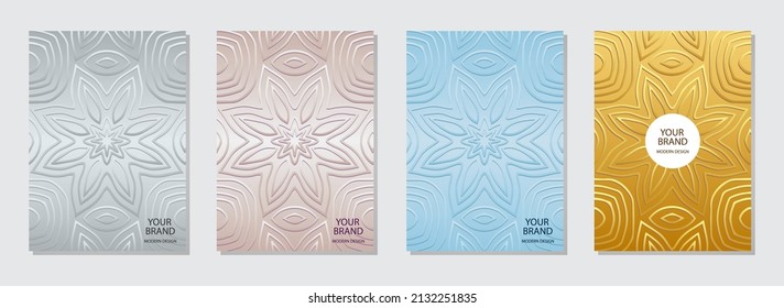 Conjunto de diseño de portada, plantillas verticales. Colección de fondo floral satinado. Patrón 3d geométrico étnico. Elementos nacionales de la creatividad de los pueblos del Este, Asia, la India, México.