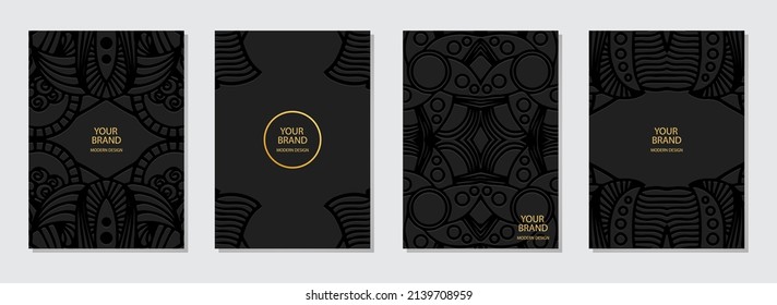 Conjunto de diseño de portada, plantillas verticales. Colección de obras de arte de relieve. Patrón geométrico étnico 3D de los pueblos del Este, Asia, India, México, Aztecas, Perú.
