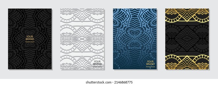 Cover design set, vertical templates. Collection of embossed decorative backgrounds in art deco style. Geometric ethnic 3D pattern of East, Asia, India, Mexico, Aztecs, Peru.