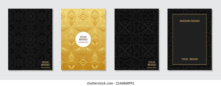Cover design set, vertical templates. Collection of embossed luxury art deco backgrounds. Geometric ethnic 3d pattern of East, Asia, India, Mexico, Aztecs, Peru.