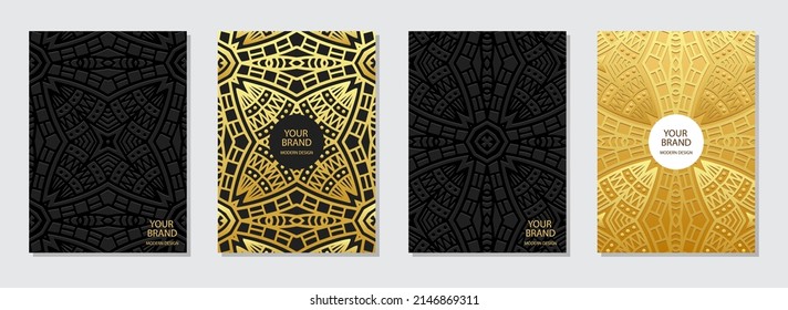 Cover design set, vertical templates. Collection of embossed black and gold art deco backgrounds. Geometric ethnic 3d pattern of East, Asia, India, Mexico, Aztecs, Peru.