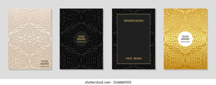 Cover design set, vertical templates. Collection of embossed elegant art deco backgrounds. Geometric ethnic 3d pattern of East, Asia, India, Mexico, Aztecs, Peru.