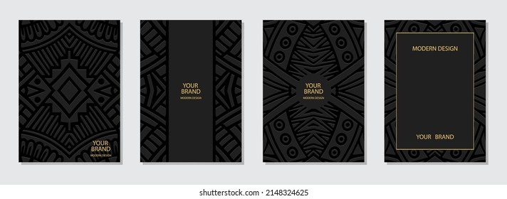 Cover design set, vertical templates. Collection of embossed black art deco backgrounds with space for text and advertising. Geometric ethnic 3d pattern of East, Asia, India, Mexico, Aztecs, Peru.
