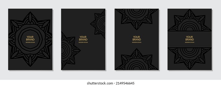 Cover design set, vertical templates. Collection of embossed black backgrounds with place for text. Geometric ethnic floral 3d pattern. Motives of the East, Asia, India, Mexico, Aztecs, Peru.