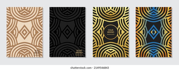Conjunto de diseño de portada, plantillas verticales. Colección de fondo multicolor con relieve y lugar para el texto. Patrón 3d geométrico étnico dorado. Motivos de Oriente, Asia, India, México, Aztecas, Perú.