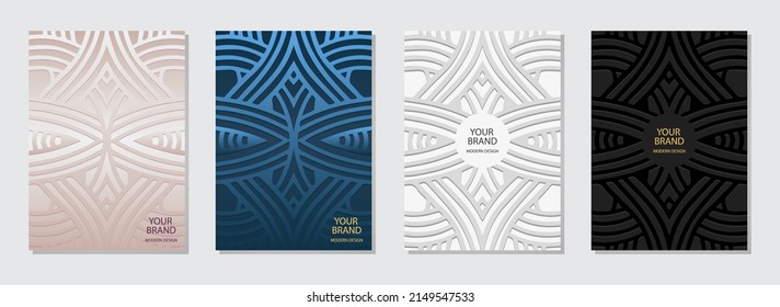 Conjunto de diseño de portada, plantillas verticales. Colección de fondo multicolor satinado. Patrón 3d geométrico étnico. Motivos de Oriente, Asia, India, México, Aztecas, Perú.