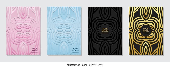 Cover design set, vertical templates. Collection of embossed luxury colorful backgrounds. Geometric ethnic golden 3d pattern. Motives of the East, Asia, India, Mexico, Aztecs, Peru.