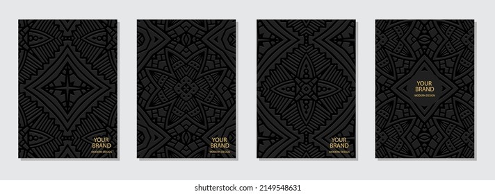 Cover design set, vertical templates. Collection of embossed exotic black backgrounds. Geometric ethnic decorative 3d pattern. Motives of the East, Asia, India, Mexico, Aztecs, Peru.