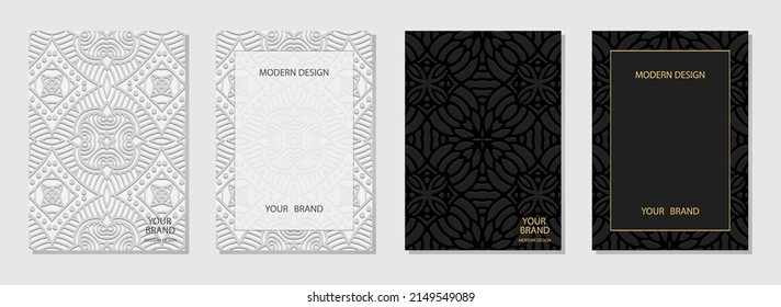Cover design set, vertical templates. Collection of embossed elegant backgrounds, place for text. Geometric ethnic openwork 3d pattern. Motives of the East, Asia, India, Mexico, Aztecs, Peru.