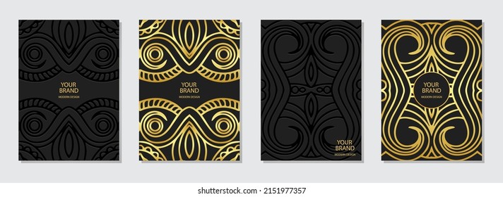 Cover design set, vertical templates, place for text. Collection of embossed black backgrounds. Ethnic golden 3d pattern. Handmade style. Motives of the East, Asia, India, Mexico, Aztecs, Peru.