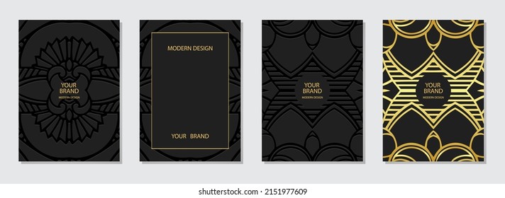 Conjunto de diseño de portada, plantillas verticales, lugar de texto. Elegante colección de fondo negro con relieve. Patrón étnico 3d. Estilo hecho a mano. Motivos de Oriente, Asia, India, México, Aztecas, Perú.