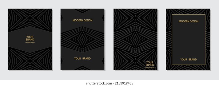 Cover design set, vertical templates, place for text. Artistic collection of embossed black backgrounds. Ethnic 3D pattern. Handmade technique. Motives of the East, Asia, India, Mexico, Aztecs, Peru.