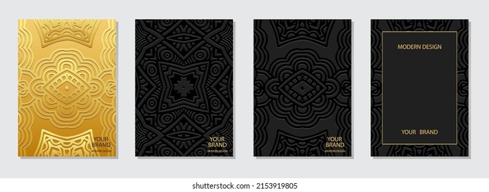 Cover design set, vertical templates, place for text. Collection of embossed black and gold backgrounds. Ethnic 3D pattern. Handmade technique. Motives of the East, Asia, India, Mexico, Aztecs, Peru. 