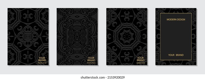 Conjunto de diseño de portada, plantillas verticales, lugar de texto. Colección exótica de fondo negro en relieve. Patrón étnico 3D. Técnica hecha a mano. Motivos de Oriente, Asia, India, México, Aztecas, Perú.