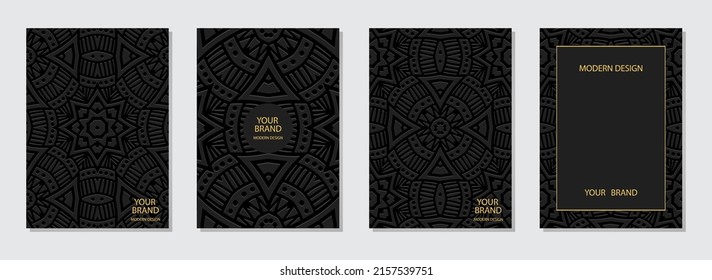 Cover design set, vertical templates, place for text. Collection of embossed black art deco backgrounds. Ethnic 3d pattern. Motives of the East, Asia, India, Mexico, Aztecs, Peru.