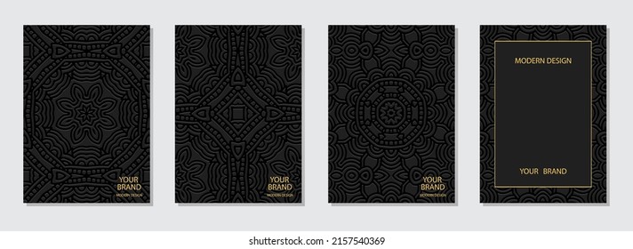 Cover design set, vertical templates, place for text. Collection of embossed black backgrounds in luxurious art deco style. Ethnic 3d pattern. Motives of the East, Asia, India, Mexico, Aztecs, Peru.