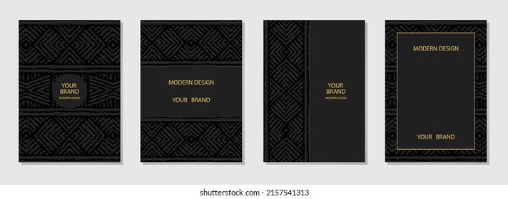 Cover design set, vertical templates, place for text. Collection of embossed black backgrounds in vintage art deco style. Ethnic 3d pattern. Motives of the East, Asia, India, Mexico, Aztecs, Peru.