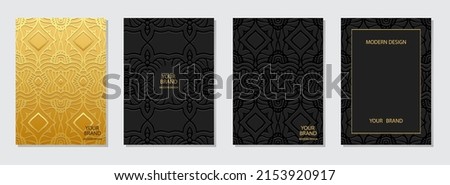 Cover design set, vertical templates, place for text. Collection of embossed decorative black and gold backgrounds. Ethnic 3D pattern. Handmade technique. Motives of the East, Asia, India, Mexico.