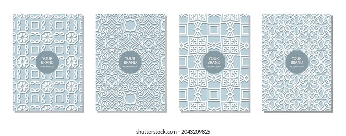 Cover design set, vertical vector templates. Geometric openwork white pattern in the style of arabesque on a blue background with a frame for text. Vector graphics for presentations, business pages.
