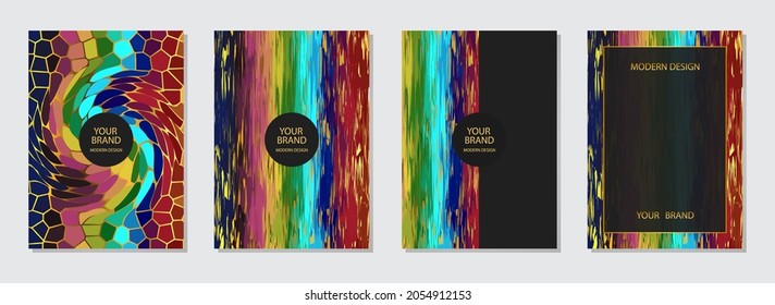 Cover design set, vertical vector templates. Geometric mosaic, watercolor pattern, grunge texture, frame for text. Vector graphics for presentations, business pages, brochures, invitations, menus.