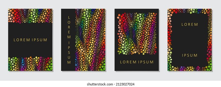 Cover design set. Watercolor background, grunge texture, vertical templates with place for text. Geometric pattern of inserts with squares. Collection for brochure, catalog, book, poster, flyer.