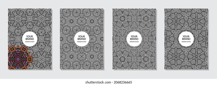 Cover design set.Geometric black white pattern coloring antistress. Oriental, Indian, Mexican, Aztec motives. Vertical templates for  magazine layout, brochure, presentations, coloring books.