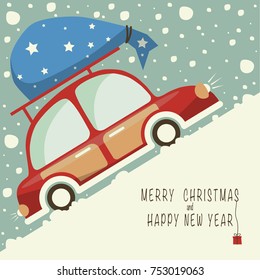 The cover design. Shows a red car traveling up the hill. On the roof of the car is a blue bag of gifts. The phrase merry Christmas and a happy New year.