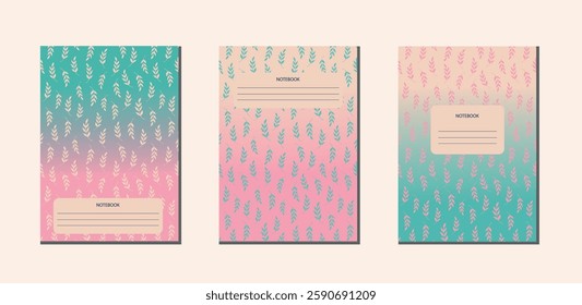 Cover design with simple pattern. Hand drawn leaves on pink green gradient.  Vector composition for notebooks, planners, copybooks, books.