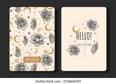 Cover design with space and flowers pattern. Hand drawn elements. Invitation, greeting card, cover book, notebook. Vector illustration