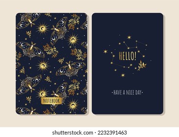 Cover design with space and moth pattern. Hand drawn elements. Invitation, greeting card, cover book, notebook. Vector illustration