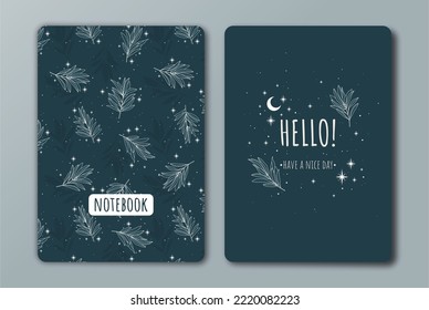 Diseño de portada con patrón de espacio y planta. Elementos dibujados a mano. Invitación, tarjeta de saludo, portada, cuaderno. Ilustración del vector