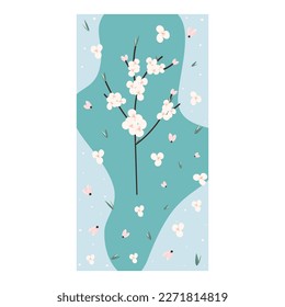 Diseño de carátula para una tarjeta de saludo de primavera con una rama floreciente con flores, hojas, brotes. Vector
