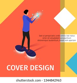 Cover Design Square Banner with Copy Space. Man Going on Flying Hoverboard with Energy Between of his Hands. New Technology Transport. Futuristic Hi-Tech Gadgets 3D Flat Vector Isometric Illustration