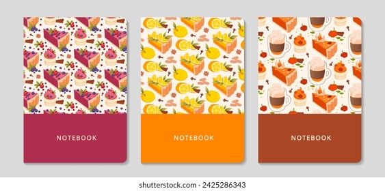 Cover design with sweet pastries pattern set. Lemon, berry, pumpkin pie slice templates. Hand-drawn cake, cappuccino and spices. It can be used for invitation, card, notebook. Vector flat illustration