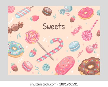 Cover design with sweets. Ice cream, candies, donuts, macaroons, lollypops vector illustrations with text. Food and dessert concept for poster, website or webpage background