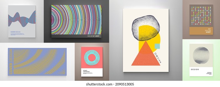 Cover design template. 3D wavy background with ripple effect. Pattern with many thin lines. Particles strive out of center. Vector for placard, banner, cover, brochure, planner, flyer or notebook. 