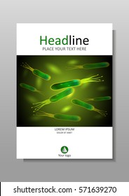 Cover design template in A4. Helicobacter pylori bacteria green background on a dark background. Vector. Good for banners, covers, books, journals, conference, magazines, flyers.