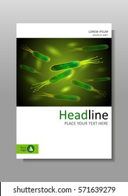 Cover design template in A4. Helicobacter pylori bacteria green background on a dark background. Vector. Good for banners, covers, books, journals, conference, magazines, flyers.