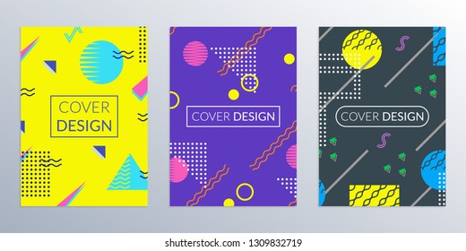 Cover design template with abstract geometric background. Memphis style covers. Poster, banner, brochure colorful templates. Vector illustration.