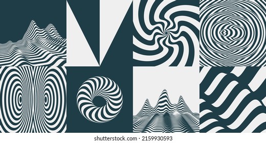 Cover design template. Abstract geometric pattern with optical illusion. Landscape background. Terrain. Collage. Vector illustration for brochure, flyer, cover, poster, presentation or banner.