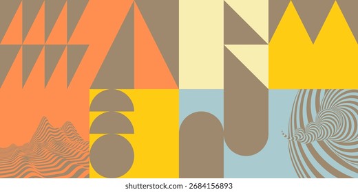 Plantilla de diseño de la cubierta. Abstractas patrón geométrico. Ilusión óptica. Fondo del paisaje. Terreno. Collage. Ilustración vectorial para folleto, volante, portada, póster, presentación o Anuncio.