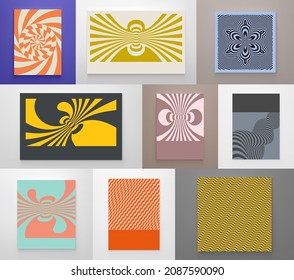 Cover design template. Abstract geometrical background. Striped pattern with optical illusion. Psychedelic stripes. 3D vector illustration for brochure, flyer, card, banner or cover.