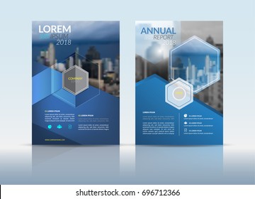 Cover Design template, annual report cover, flyer, presentation, brochure. Front page design layout template with bleed in A4 size. Blue grey colors with hexagon shape vectors background templates.