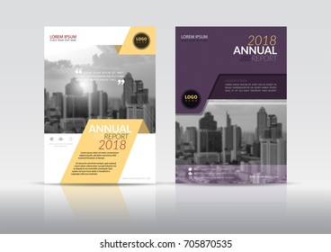 Cover Design template, annual report cover, flyer, presentation, brochure. Front page design layout template with bleed in A4 size. Yellow and Purple colors with rectangle shape background templates.