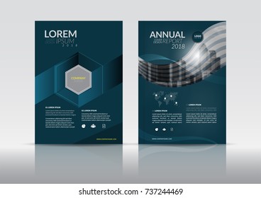 Cover Design template, annual report cover, flyer, presentation, brochure. Front page design layout template with bleed in A4 size. Dark green colors with abstract vectors background templates.