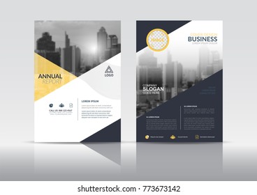 Cover Design template, annual report cover, flyer, presentation, brochure. Front page design layout template with bleed in A4 size. Dark blue and yellow colors with abstract background templates.